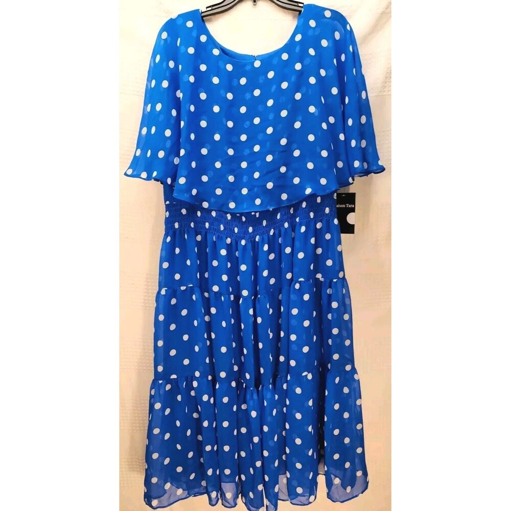 Maison Tara Dress Size 22w Blue Polka Dot Capelet Ruffle Midi